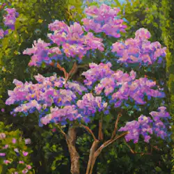 Une image de Lagerstroemia: un arbre majestueux avec des fleurs violettes pour égayer votre jardin - image générée par IA (DALL-E)