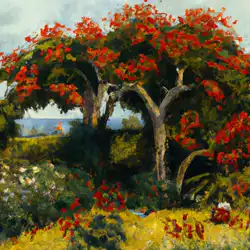 Une image de Erythrina crista-galli : un arbre majestueux aux fleurs rouges pour embellir votre jardin - image générée par IA (DALL-E)